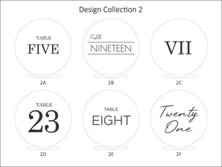 Collection 2: 6 Classic designs for custom circular table numbers. Shows a variety of options including worded numbers in capitalised serif and sans serif fonts, numeral designs in ball-terminal fonts, and roman numeral designs in serif.