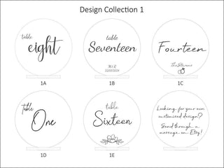 Collection 1: 6 wedding themed designs for personalised circular table numbers. Shows a variety of options including whimsical fancy text, brush stroke calligraphy, and thin handwritten fonts. Some have initials or names at the bottom.