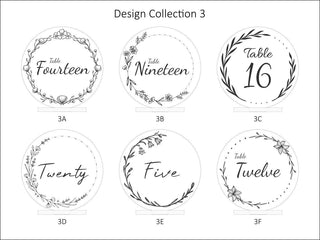 Collection 3: 6 floral and botanical designs for personalised table numbers. The designs show various intricate floral wreaths, flowers and botanical styles around the outer edge, with handwritten style script fonts in the centre.
