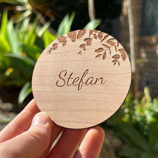Eucalyptus Wedding Favours & Place Cards, Personalised Bomboniere, Wood Coasters, Custom Wooden Guest Gifts and Place Settings